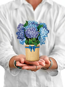 Model holds Mini Nantucket Hydrangeas greeting card from Fresh Cut Paper