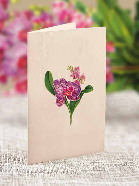 Notecard with purple orchid on front, for personal message to be sent with Mini Orchid Oasis greeting card