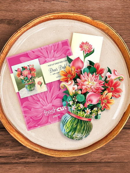 lifestyle image showing Dear Dahlia greeting card, envelope and notecard