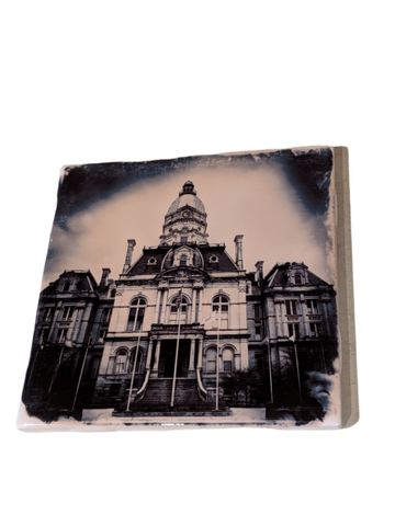 Ceramic coaster made by Cityscape Tiles depicting Vigo County Courthouse Terre Haute Indiana
