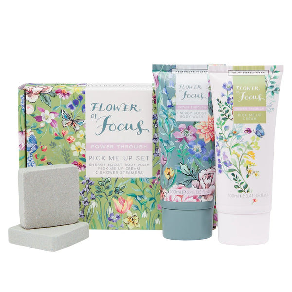 image showing Flower of Focus box and entire pick-me-up set of  shower steamers, body wash and body cream