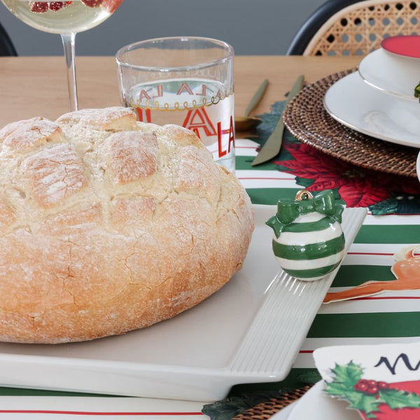 Deck the Halls mini on pinstripes platter with sourdough bread