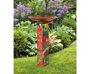 Colorful Art Pole topped with copper bird bath