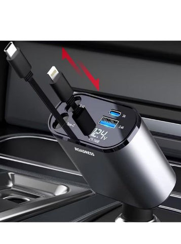 4 port car charger plugged in and  showing two retractable chargers out slightly