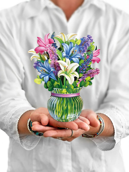 Model holds Mini Lilies and Lupines greeting card