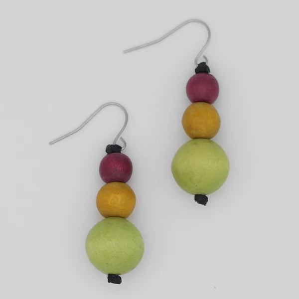 Close view of triple bead earrings, lime, berry and gold beads