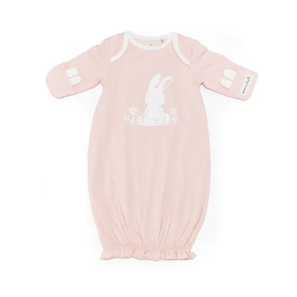 Pink baby gown with white bunny on front, envelope sleeves and gathered at bottom to keep baby's feet warm