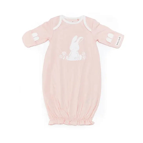 Pink baby gown with white bunny on front, envelope sleeves and gathered at bottom to keep baby's feet warm