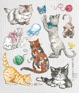 Cats playing with yarn, mice and butterflies