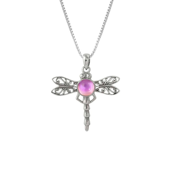 Dragonfly necklace, pink crystal in center