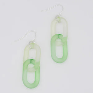 Close up view of green resin links earrings