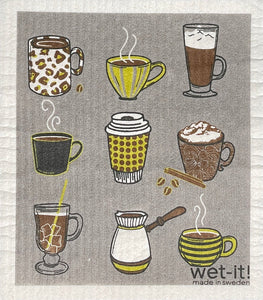 Coffee Shop Dish Cloth - assorted coffee mugs and lattes