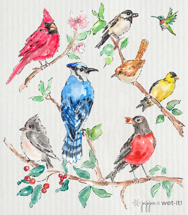 Swedish Dishcloth - Backyard Buddies, assorted colorful birds resting on branches
