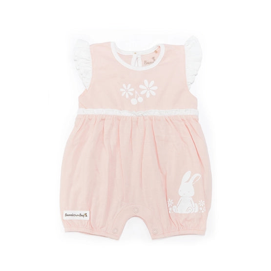 Pink bubble suit for baby, ruffle sleeves and gatherd leg