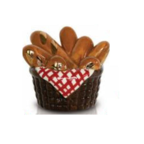 A416 Nora fleming bread basket mini - You Knead This - brown basket with red and white cloth containing loaves of french bread