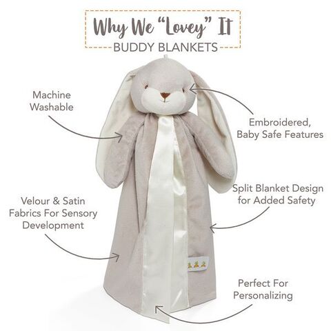 Buddy blanket image with features, embroidered, machine washable, velour & satin, split blanket design, perfect for personalizing
