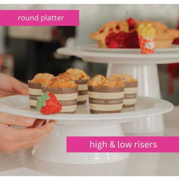 Image shows round patter with food, pie and cupcakes. One sits on low riser and the other sits on high riser #MEL17