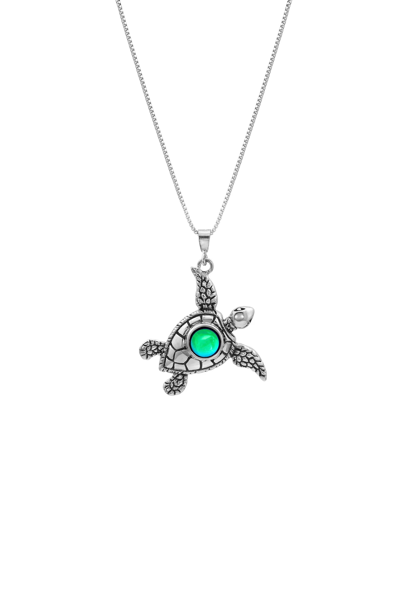 Small sea turtle necklace, sterling silver with green crystal 