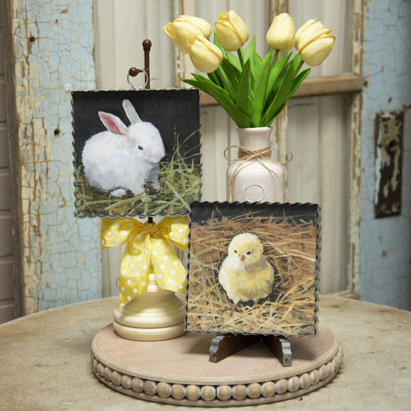 Tabletop display with two art prints, Baby bunny and Baby Chick