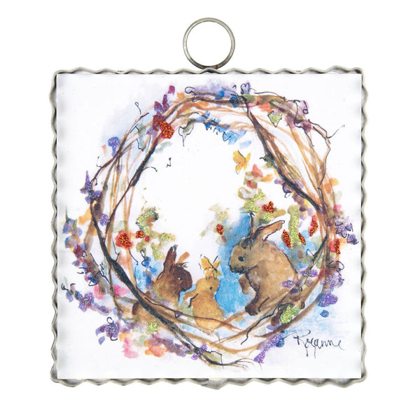 Wreath print with three bunnies