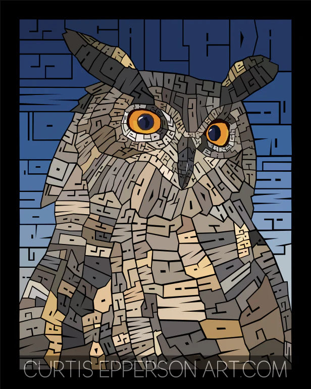 The Eagle Owl Word Mosaic Art Print by Curtis Epperson