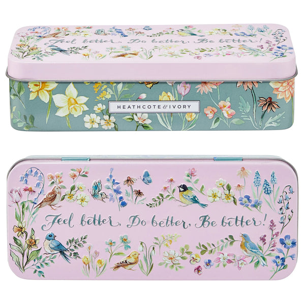 Feel better, do better, be better inscribed on the floral tin that holds Flower of Focus Power Through Shea Butter Hand Cream