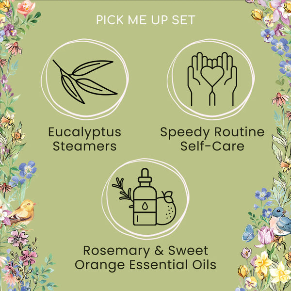 Pick me up set has Eucalyptus Steamers to set down on shower floor and scent of rosemary & sweet orange essential oils