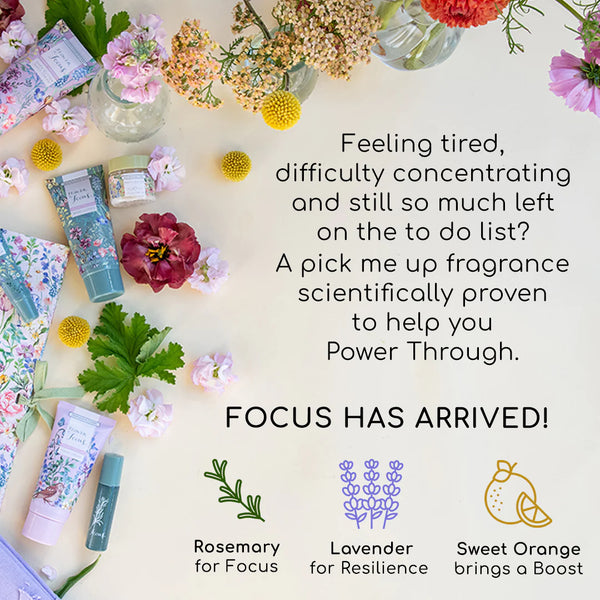 Focus has arrived with scents of Rosemary for focus, lavender for resilience and sweet orange for a boost. All help when feeling tired, having difficulty concentrating