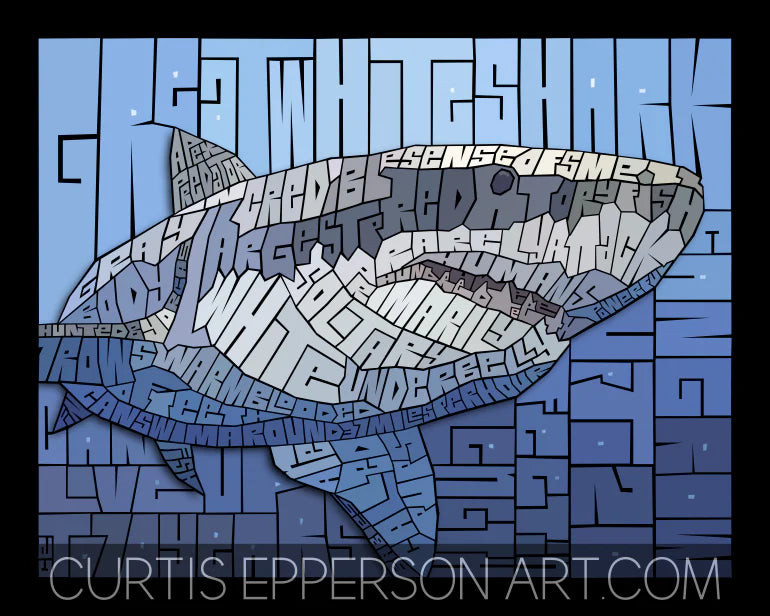 The Great White Shark Word Mosaic Art Print by Curtis Epperson