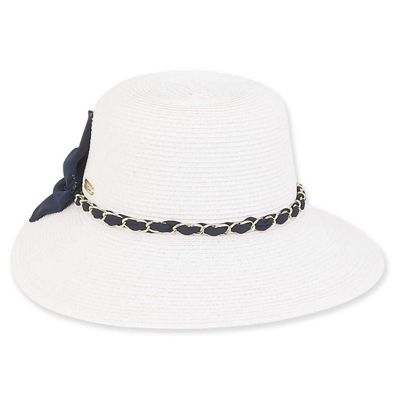 Women's Summer Hat with Chiffon Bow & Chain Trim