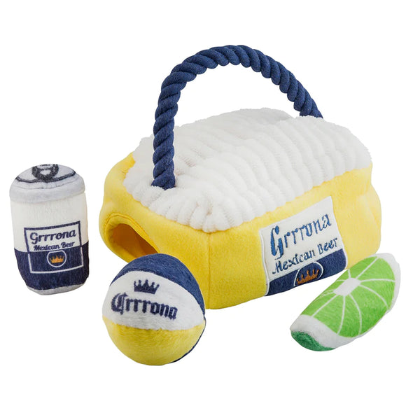 Grrrona Cooler plush toy with beer can, ball and lime