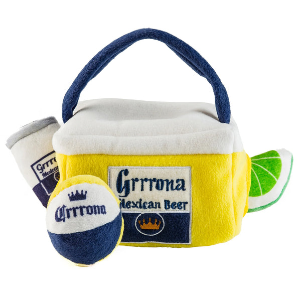 Grrrona Cooler plush toy with beer can, ball and lime