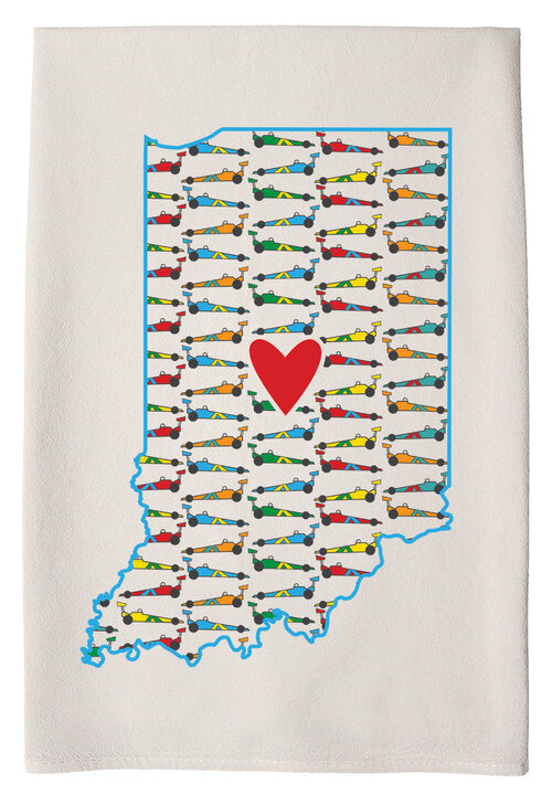 Indianapolis heart with Indy Cars printed on flour sack hand towel by Coast & Cotton