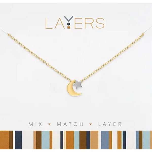 Lay-157G Layers Gold Crescent Moon and Silver mini Star Necklace