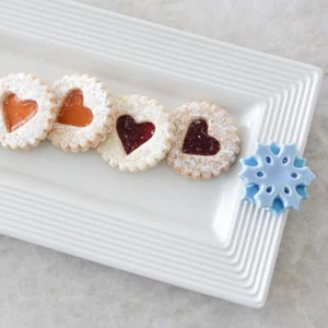 Nora Fleming Pinstripes Bread Tray with Heart cookies and blue snowflake mini
