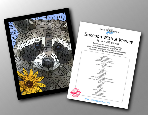 Word Guide for the Raccoon with Flower art print by Curtis Epperson