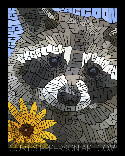 Raccoon with Flower Word Mosaic Art Print by Curtis Epperson