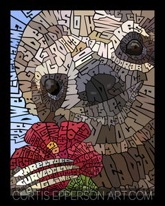 Sloth with Flower Word Mosaic Art Print by Curtis Epperson