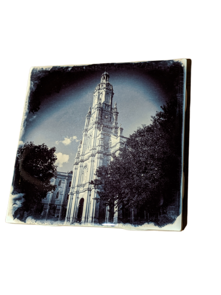 Ceramic coaster depicting the Saint-Mary-of-the-Woods Church of the Immaculate Conception