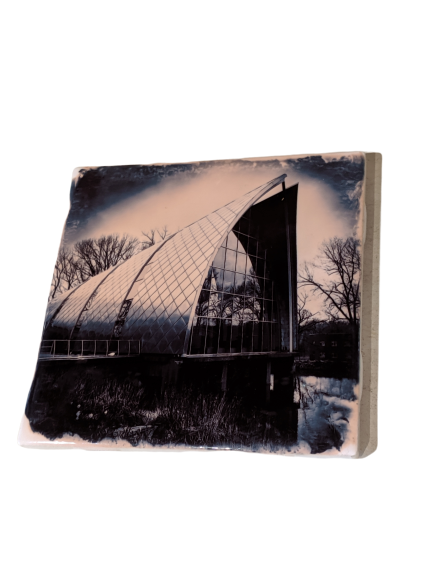 Ceramic coaster by Cityscape Tiles depicting the White Chapel at Rose Hulman Institute