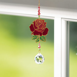 Crystal Dreams Rainbow Rose Suncatcher hanging in sunny window